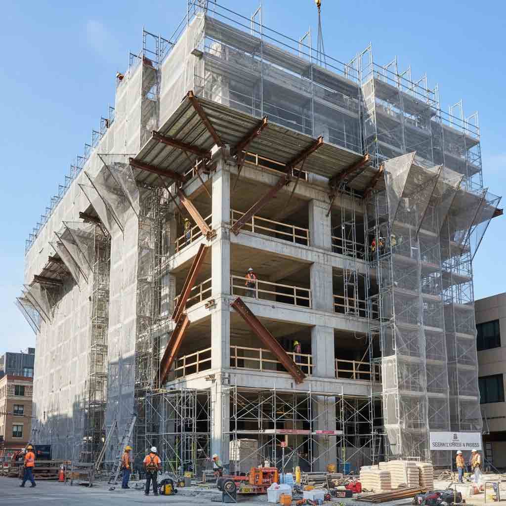 [تصویر ۵: نمونه‌ای از ساختمان در حال مقاوم‌سازی]