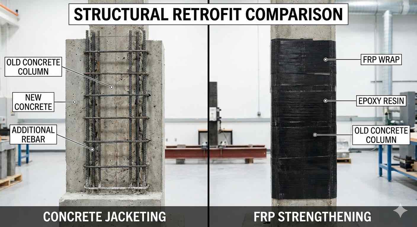 [تصویر: مقایسه بصری ژاکت بتنی و FRP روی ستون بتنی - نمای برش خورده]