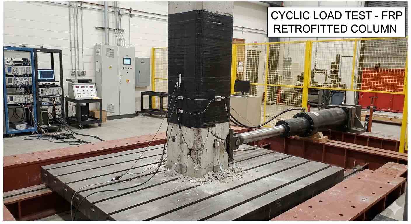 [تصویر: آزمون چرخه‌ای ستون مقاوم‌سازی شده روی میز لرزان]