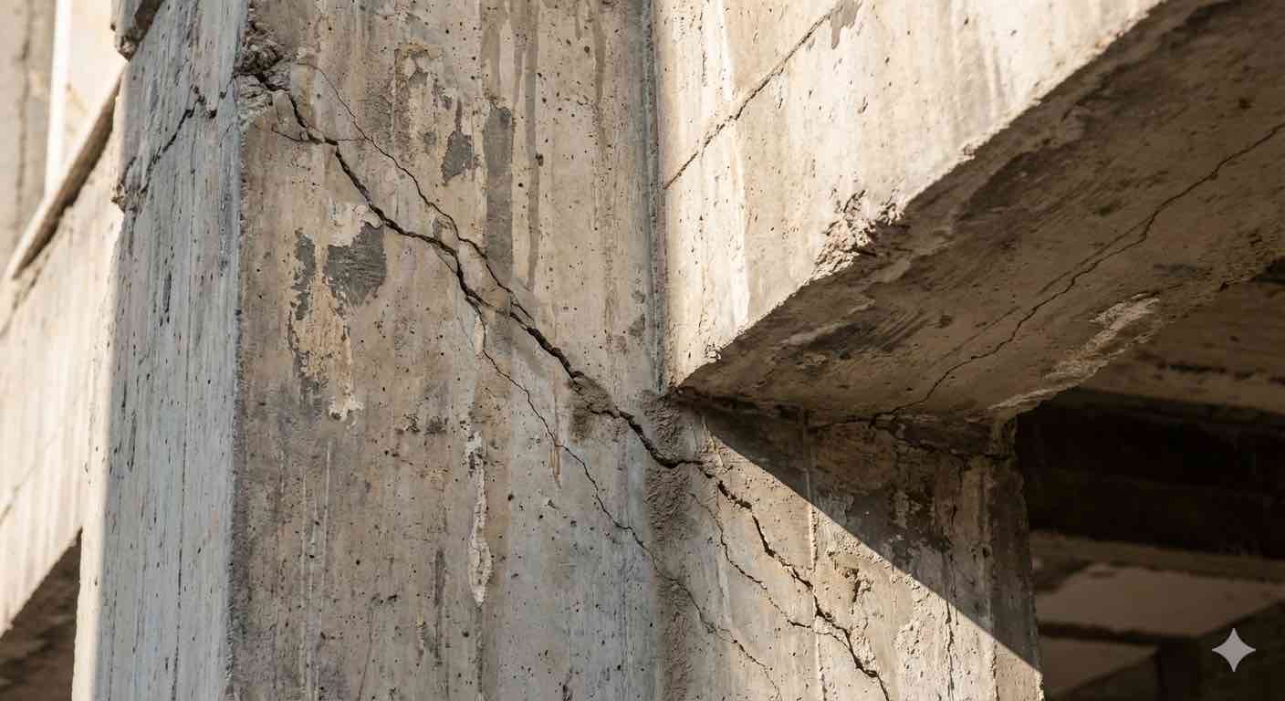 [محل تصویر ۱: ترک‌های موئینی ۴۵ درجه در اتصال تیر-ستون یک ساختمان ۳۵ ساله در تهران]