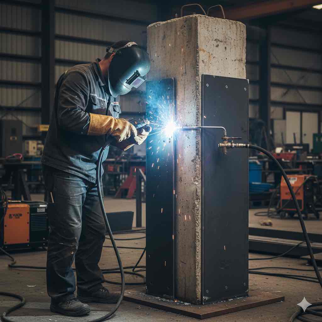 نمای کارگاه از نصب ورق فولادی دور ستون بتنی با جوش‌کاری SMAW و تزریق رزین اپوکسی در فضای بین ورق و بتن