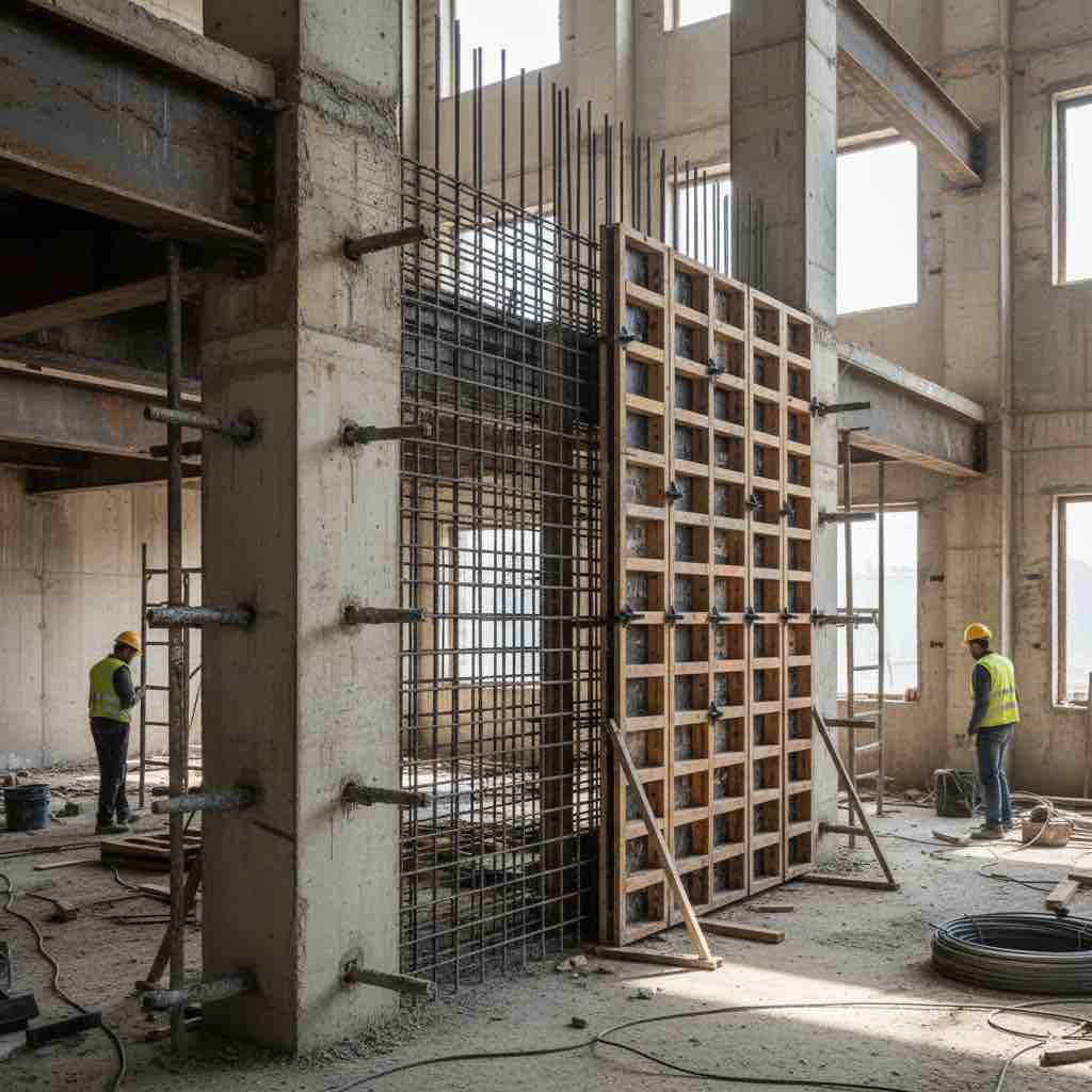 ساخت دیوار برشی بتن مسلح در دهانه قاب موجود شامل آرماتوربندی، اتصال به قاب با داول‌های رزین‌دار و قالب‌بندی در پروژه بهسازی