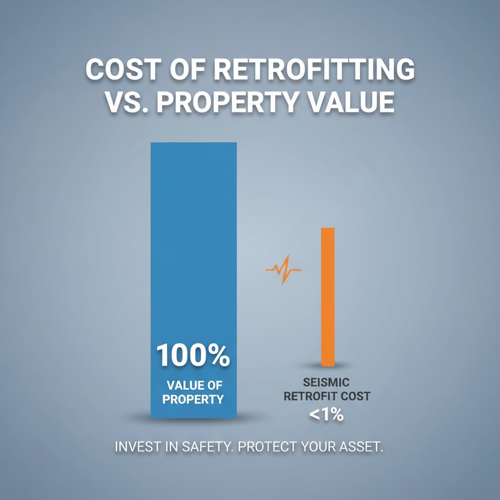 اینفوگرافیک مقایسه هزینه مقاوم‌سازی ساختمان بتنی که کمتر از یک درصد ارزش ملک را نشان می‌دهد و اهمیت سرمایه‌گذاری در ایمنی لرزه‌ای